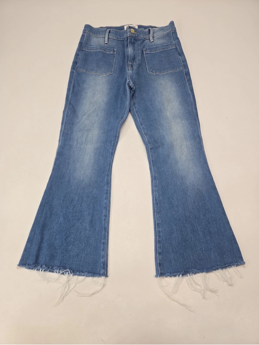 FRAME Le Bardot Crop Flare Jeans in Fenix Beach Wash Boho Raw Hem Size 28